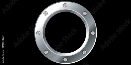 Metal Ring With Rivets On Black Background, Realistic Portholes Vector Illustration.	