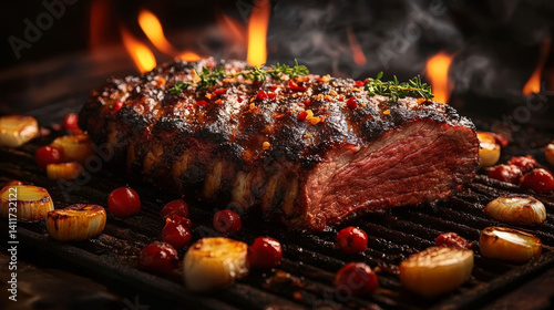 grilled meat and vegetables - : Flaming Bbq Ribs