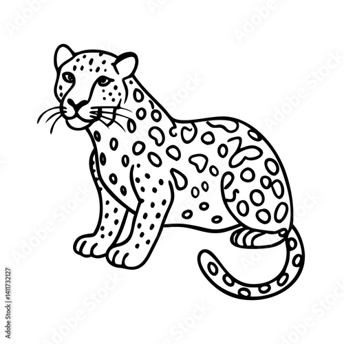A Line Drawing of a Spotted Jaguar Sitting Down Wildlife Animal Illustration