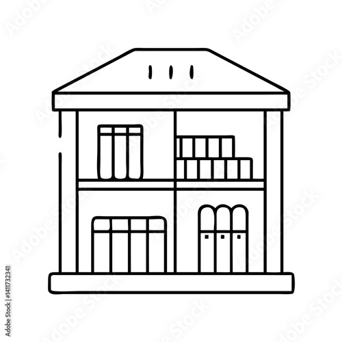 A Simple Line Drawing of a Two Story House with Bookshelves and Books photo