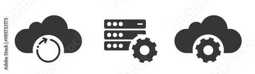 Cloud server database settings update icon vector set, internet web software system data setup configuration upgrade pictogram solid simple graphic, hosting platform backup sign symbol tech
