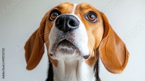 A curious dog with bright, expressive eyes gazes upward, its ears perked and fur slightly ruffled, capturing a moment of wonder and attentiveness in a warm, inviting setting.