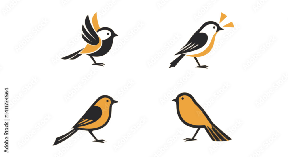 Obraz premium Four Simple Bird Illustrations Yellow And Black Minimalist Design