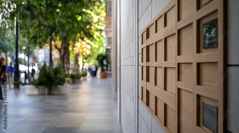 Modern Urban Design with Wooden Wall Feature and Sidewalk View
