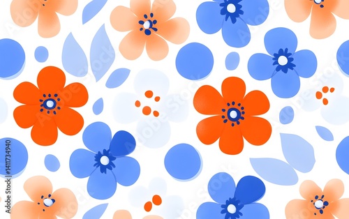 Vibrant Floral Seamless Pattern Design Orange Blue Flowers