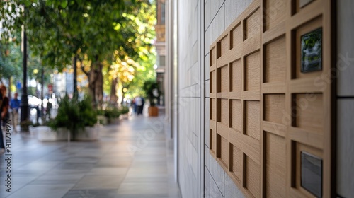 Obraz na płótnie Modern Urban Design with Wooden Wall Feature and Sidewalk View w salonie