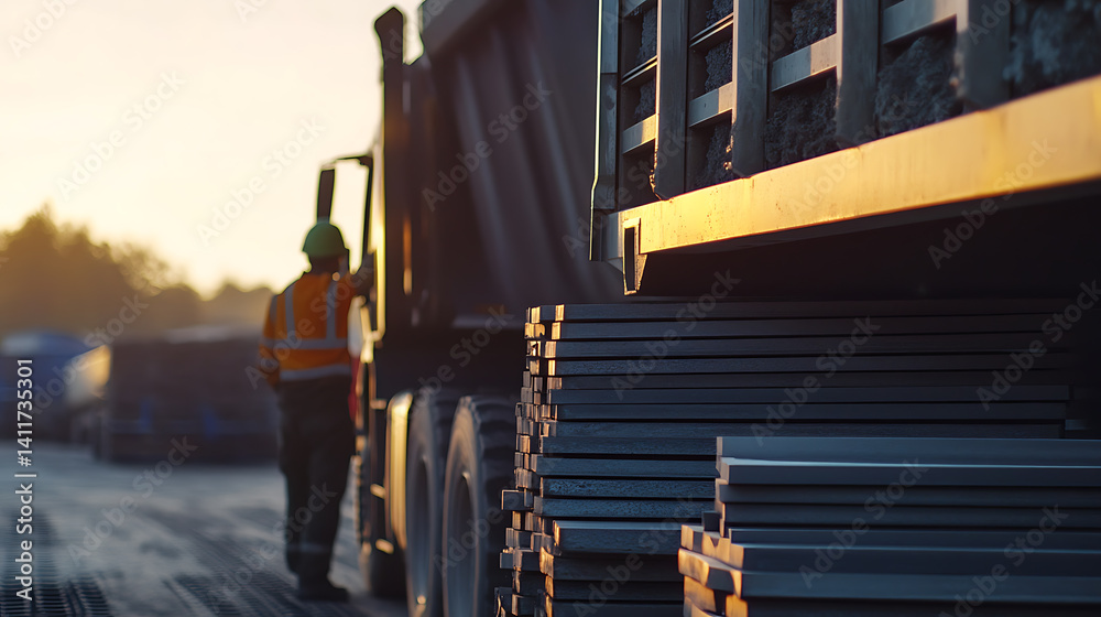 Naklejka premium Miner transporting lithium ore by truck at a mining facility. Featuring ore transport
