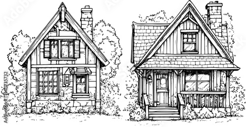 Two Farmhouse style Spring houses designs, Farmhouse style Spring houses vector illustration
