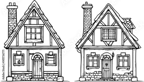 Two Tudor style Almshouses designs, Tudor style Almshouses vector illustration