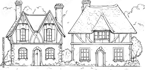 Two Tudor style Guildhalls designs, Tudor style Guildhalls vector illustration