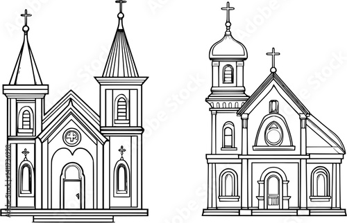 Two Victorian style Churches designs, Victorian style Churches vector illustration