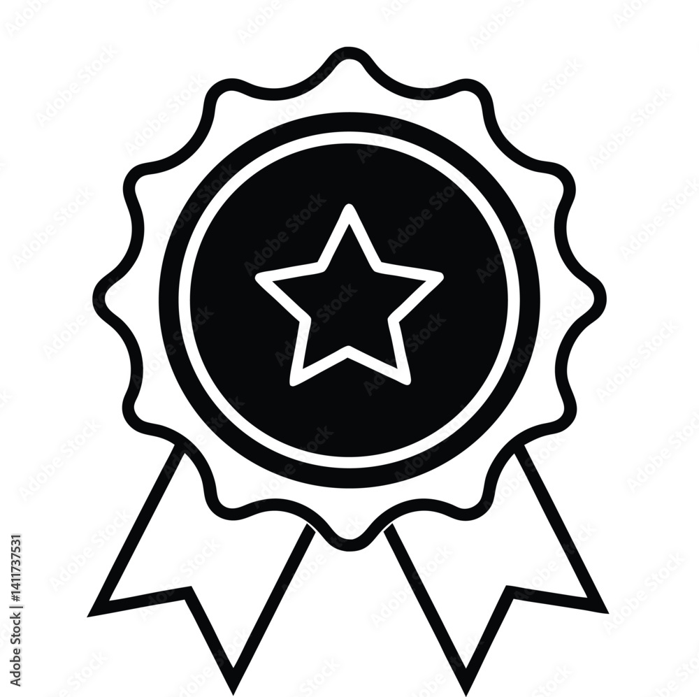 A black and white illustration of a rosette or award ribbon. The design features a circular badge with a five-pointed star in the center, surrounded by a scalloped border. Two ribbon ends extend down A black and white illustration of a rosette or award ribbon. The design features a circular badge with a five-pointed star in the center, surrounded by a scalloped border. Two ribbon ends extend down