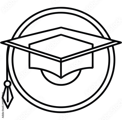 An outline illustration of a graduation cap, also known as a mortarboard, situated within a circular frame. The cap features a flat top and a tassel on one side, symbolizing academic achievement. 