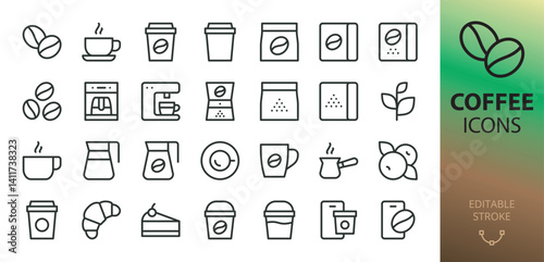 Coffee line icons set. Set of coffee paper cup, beans, berry, hot mug of cappuccino beverage, coffee maker machine, decanter, cafe app vector icon with editable stroke