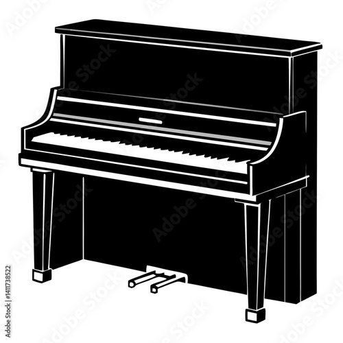 Vector silhouette of a traditional upright piano with visible keys, sleek design