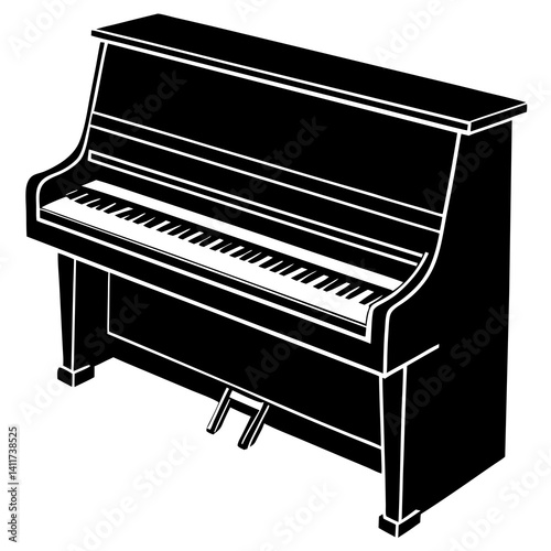 Vector silhouette of a traditional upright piano with visible keys, sleek design