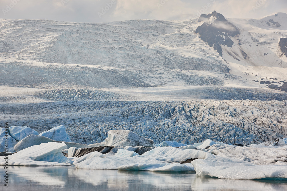 Fjallsjokull glacier and ice blocks. Southeast area. Icelandic white landscape