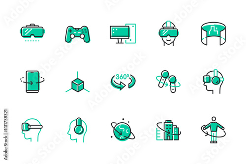 Virtual reality games - set of line design style icons