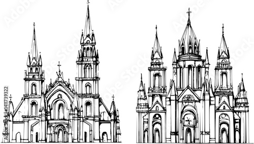 Two Gothic style Palaces designs, Gothic style Palaces illustration art
