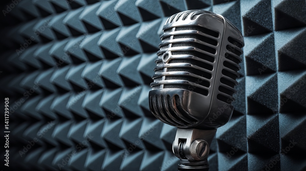 Vintage chrome broadcast microphone with circular pop filter set against geometric acoustic foam wall — nostalgic radio studio ambiance