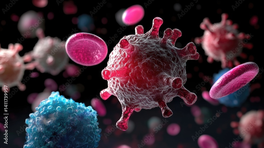 Colorful 3D Rendering of Virus and Human Cells Under Microscope