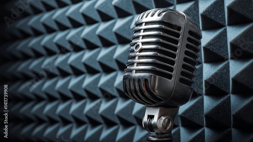 Obraz na płótnie Vintage chrome broadcast microphone with circular pop filter set against geometric acoustic foam wall — nostalgic radio studio ambiance w salonie