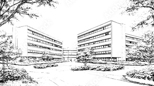 Two Mid-Century Modern style Office buildings designs, Mid-Century Modern style Office buildings illustration art