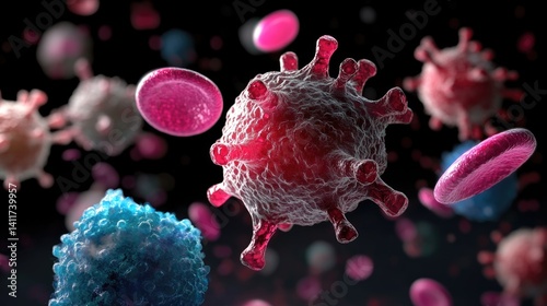 Obraz na płótnie Colorful 3D Rendering of Virus and Human Cells Under Microscope w salonie
