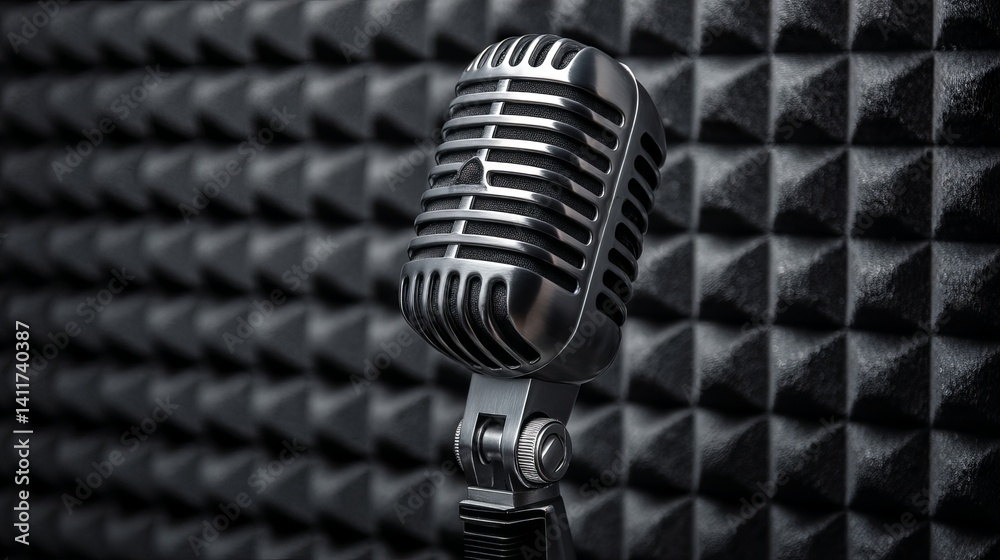 Vintage chrome broadcast microphone with circular pop filter set against geometric acoustic foam wall — nostalgic radio studio ambiance