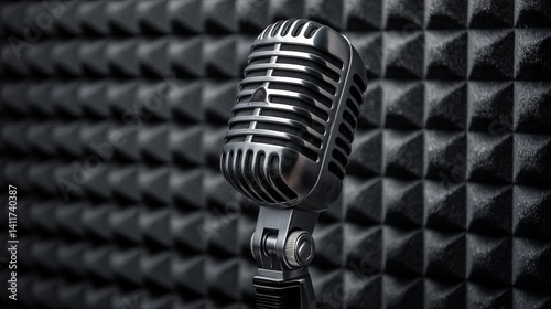 Obraz na płótnie Vintage chrome broadcast microphone with circular pop filter set against geometric acoustic foam wall — nostalgic radio studio ambiance w salonie