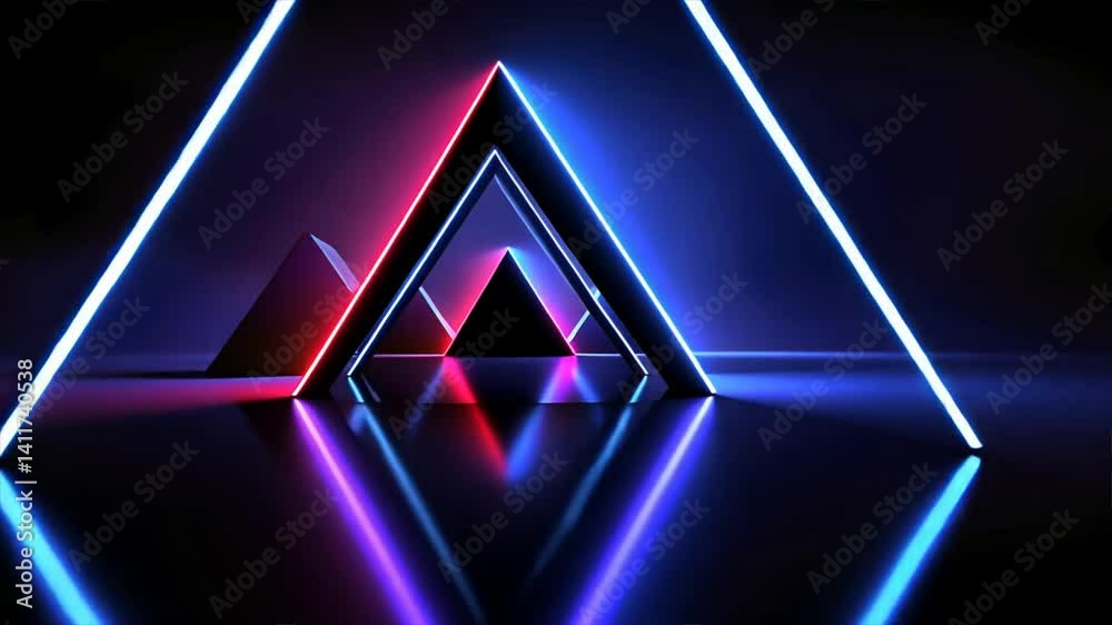 3D abstract background with blue and purple glowing neon triangles on a black backdrop, creating a striking digital glow, Neon background with glowing shapes