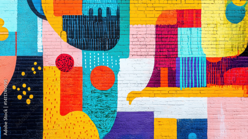 Naklejka premium A vibrant urban mural with bold colors, abstract shapes, a brick wall, and a sunny city street nearby