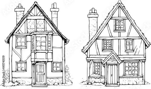 Two Tudor style Inns designs, Tudor style Inns illustration art