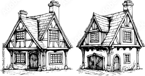 Two Tudor style Hunting lodges designs, Tudor style Hunting lodges illustration art