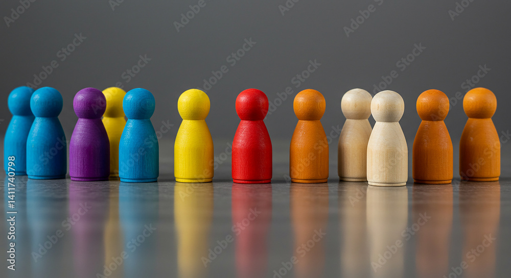 A row of colorful wooden toy figures standing on a reflective surface against a gray background selling, purchasing,$, agreement A row of colorful wooden toy figures standing on a reflective surface against a gray background selling, purchasing,$, agreement