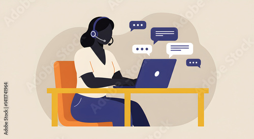 Customer Support Representative Woman Working on Laptop with Headset Online Communication Concept Illustration