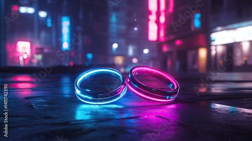 Obraz na płótnie Neon Rings on Urban Street With City Lights at Night w salonie