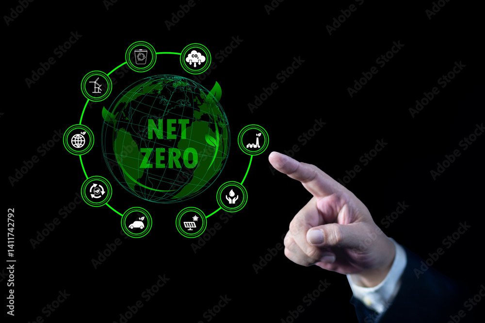 Businessman touching Net Zero icon. natural environment A climate-neutral long-term strategy greenhouse gas emissions targets. concept of carbon neutral and net zero.