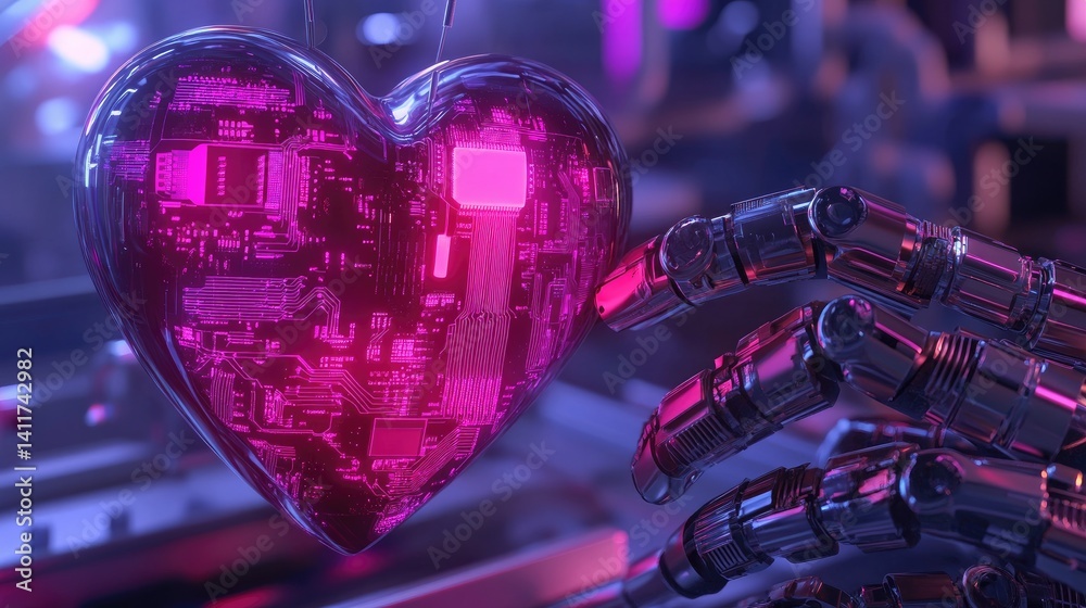 Futuristic Robotic Hand Holding a Neon Pink Heart Design