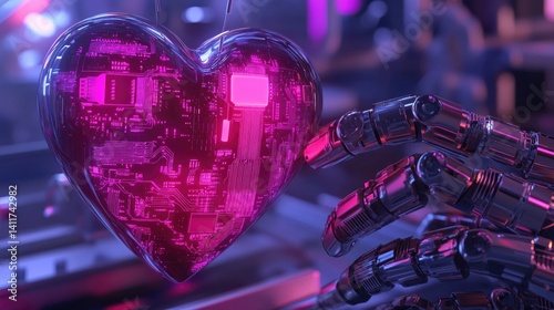 Futuristic Robotic Hand Holding a Neon Pink Heart Design