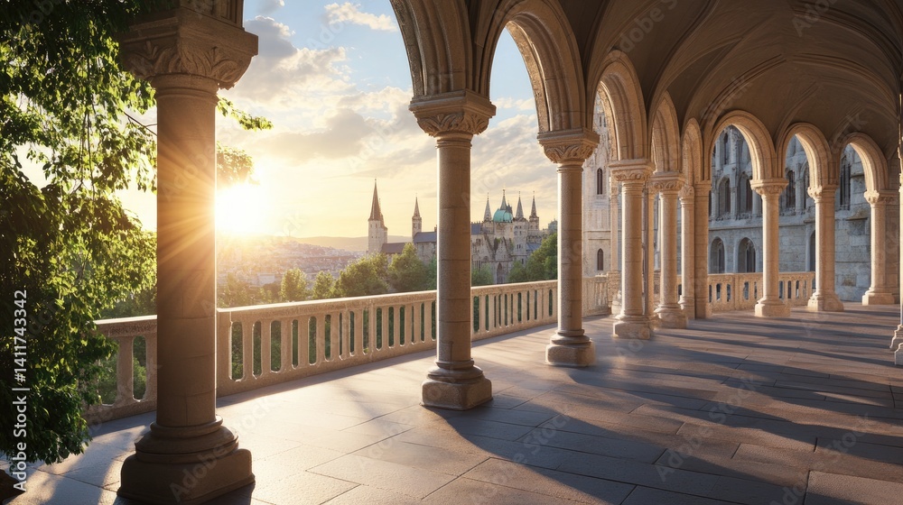 Majestic Archway Viewpoint Overlooking Cityscape at Sunset Time