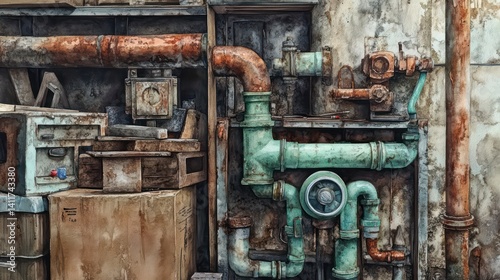 Wallpaper Mural Close-up of corroded copper pipes in a dusty attic, surrounded by tools and boxes—nostalgic and decaying, rendered in textured watercolor style.

 Torontodigital.ca