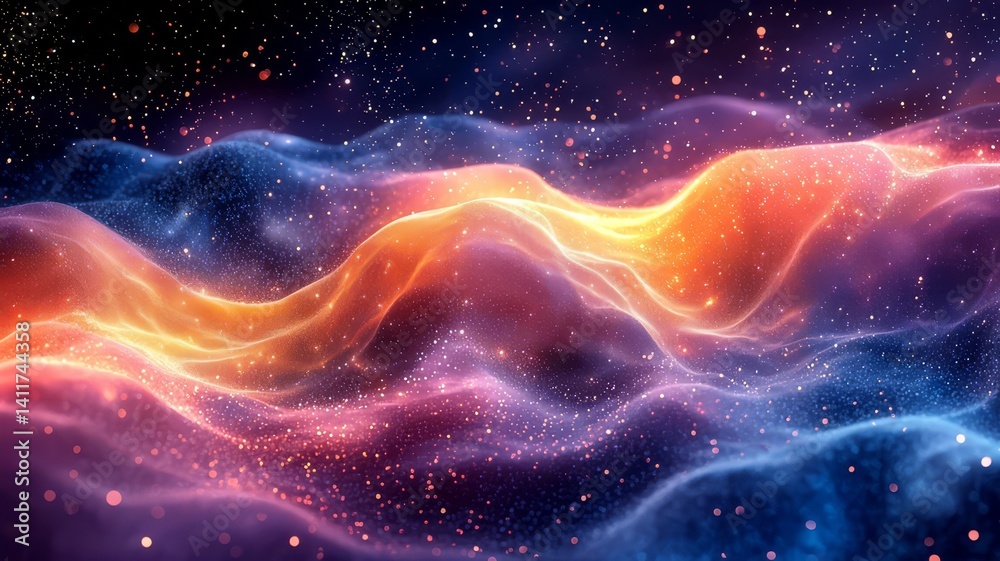 Obraz premium Vibrant cosmic waves of orange and blue light flowing through a starry galaxy, evoking a sense of wonder and exploration in a stunning abstract space scene.