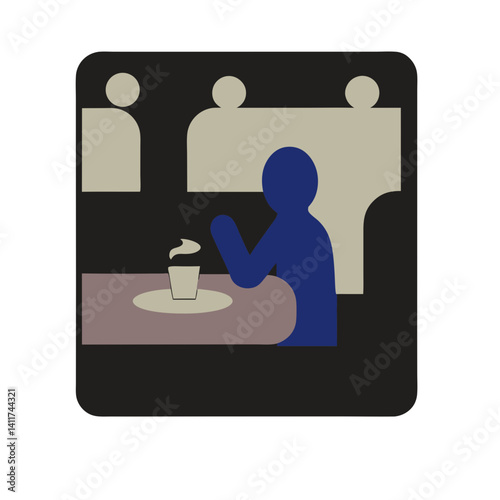 Person enjoying coffee in a cafe setting with abstract figures  
