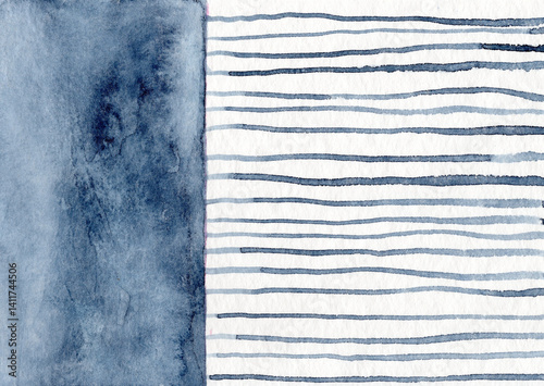 Abstract watercolor painting with blue stripes and copy space