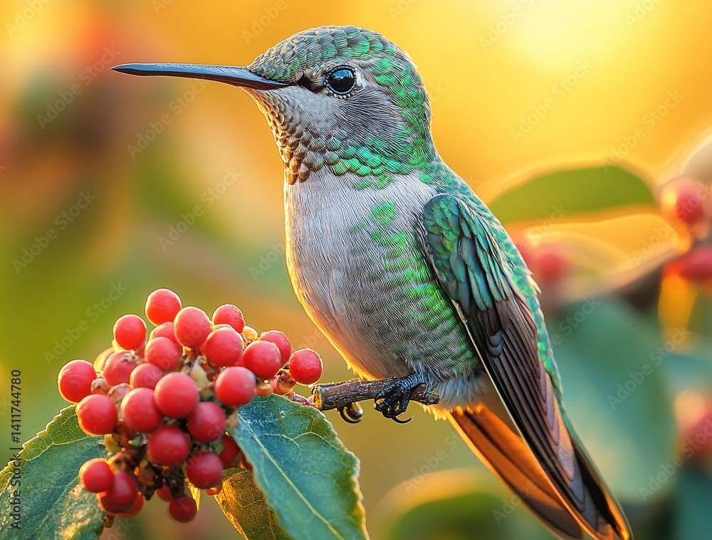 Fototapeta premium Vibrant Hummingbird Perched Among Bright Red Berries at Sunrise
