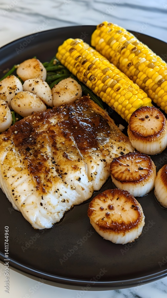 Seared Scallops with Grilled Fish and Corn Seared Scallops with Grilled Fish and Corn