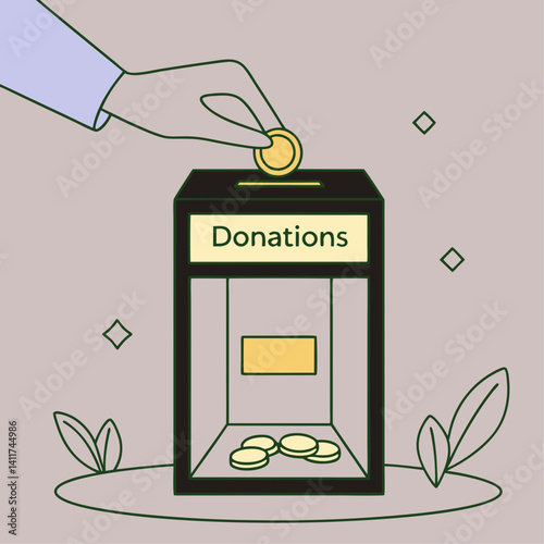 Hand donating coin to donation box with plants in background  