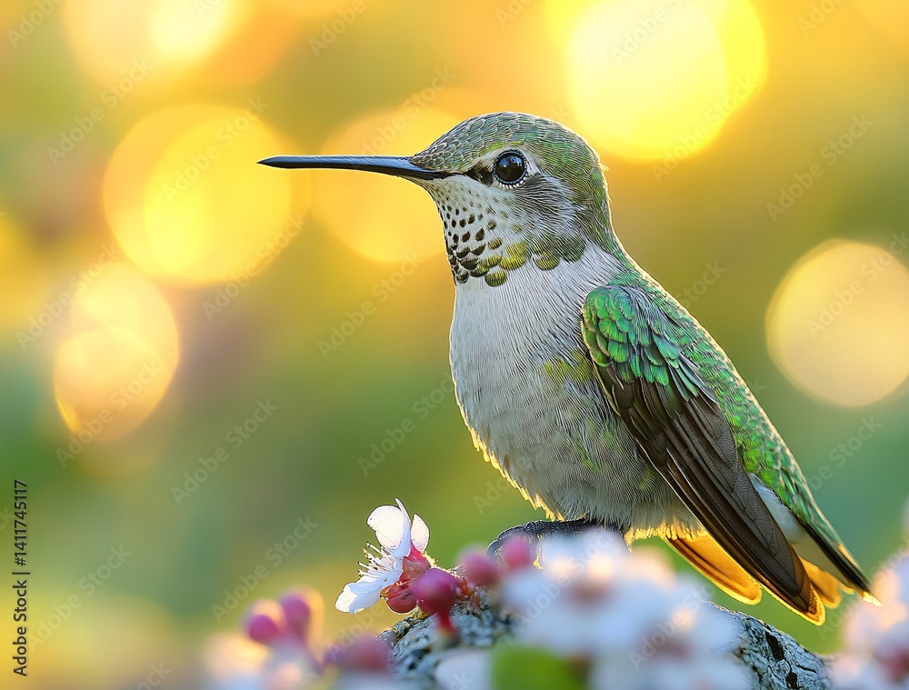 Fototapeta premium Colorful Hummingbird Sitting on Flower with Golden Bokeh Background