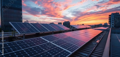 Corporate rooftop solar panel installation, clean energy initiative, solar power, clean technology photo